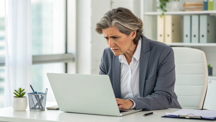 Professional examining suspicious job listings on computer screen